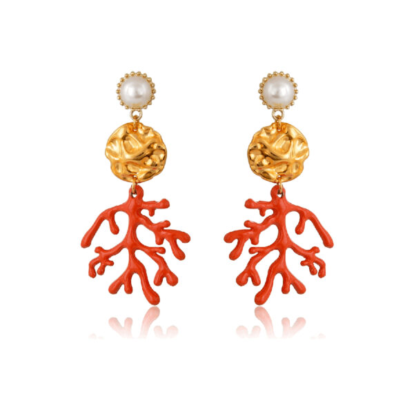 Coral-branch-and-golden-disk-drop-earrings-600x600